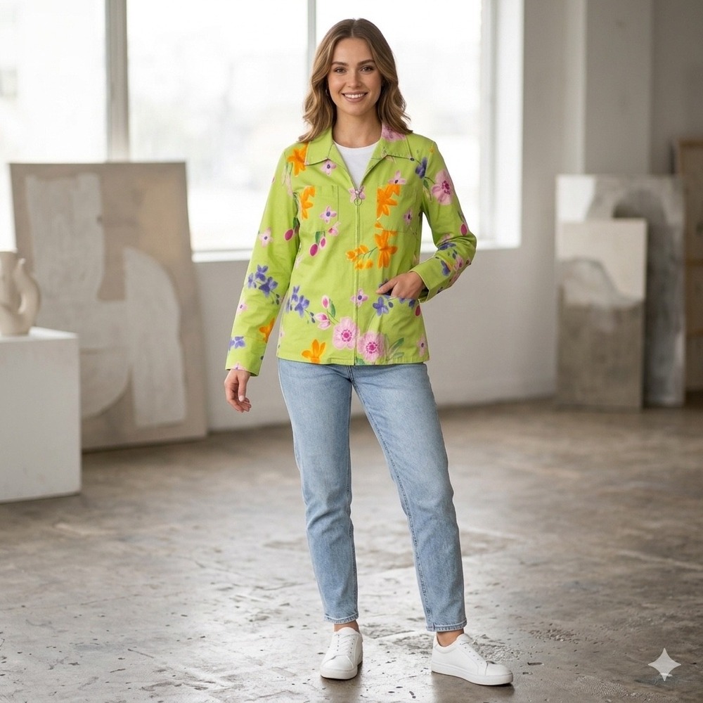 Vintage Carlisle Womens Size 8 Lime Green Floral Zip Front Jacket Cotton‎ Casual